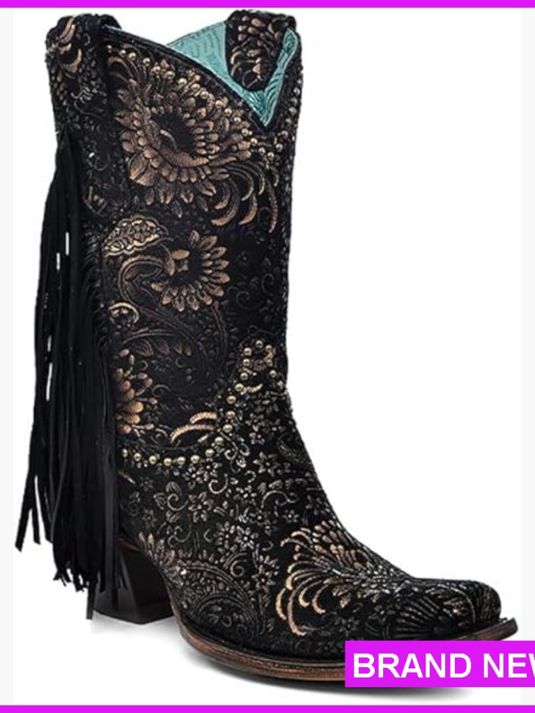 Suede Western Ankle Boots Square Toe Boho Chic Gold Floral Fringe Design
